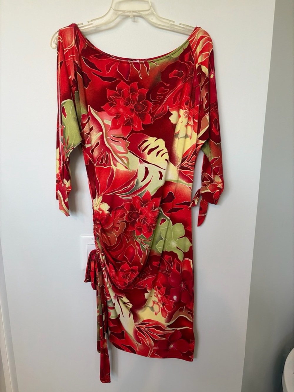 Cache Red Floral Tie-Side Midi Dress
